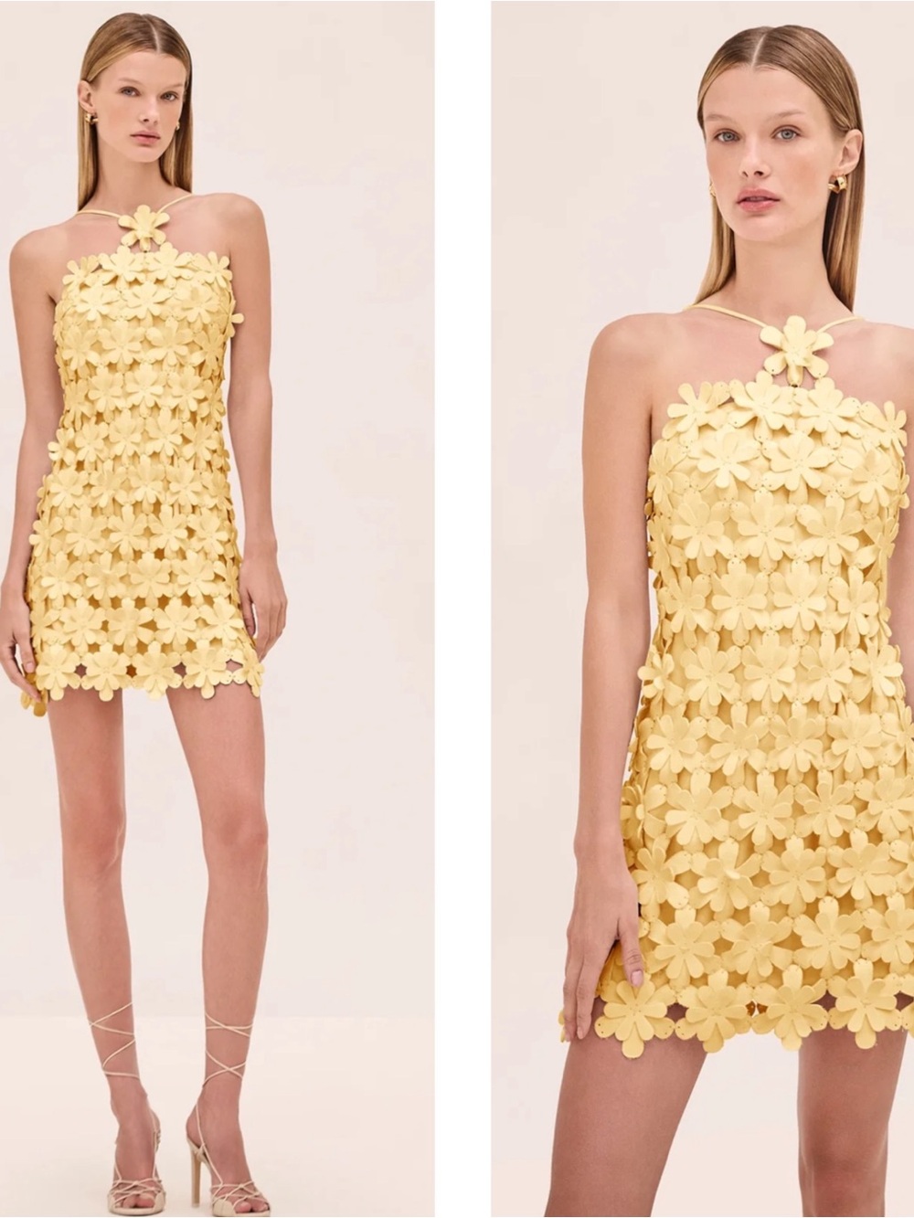 ALEXIS Lily Floral Appliqué Halterneck Yellow Mini Dress Size XS